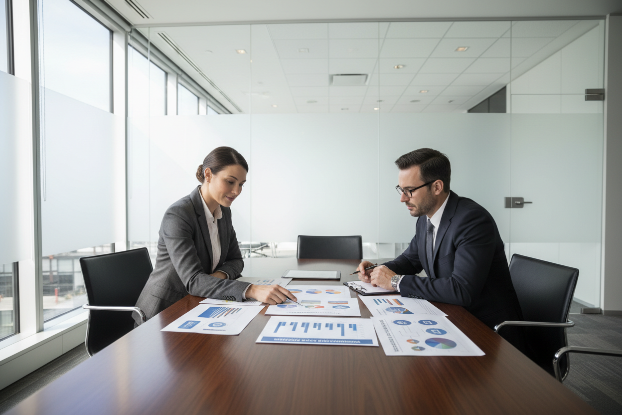 generate it again but make sure there are 2 people sitting in front of each other and looking at papers of said incentives